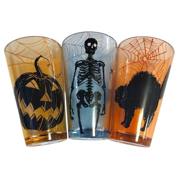 Halloween Town Spooky Prints 6"h Colored Glass Tumblers Set of 3 NWT - Picture 3 of 15